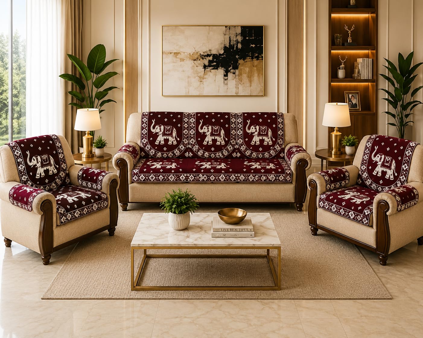 5 Seater Sofa Cover Set (3+1+1) | Maroon Hathi Print Sofa Cover | Anti-Slip Furniture Protector | Washable Cotton Blend Sofa Seat Cover | Living Room Sofa Set-image-13