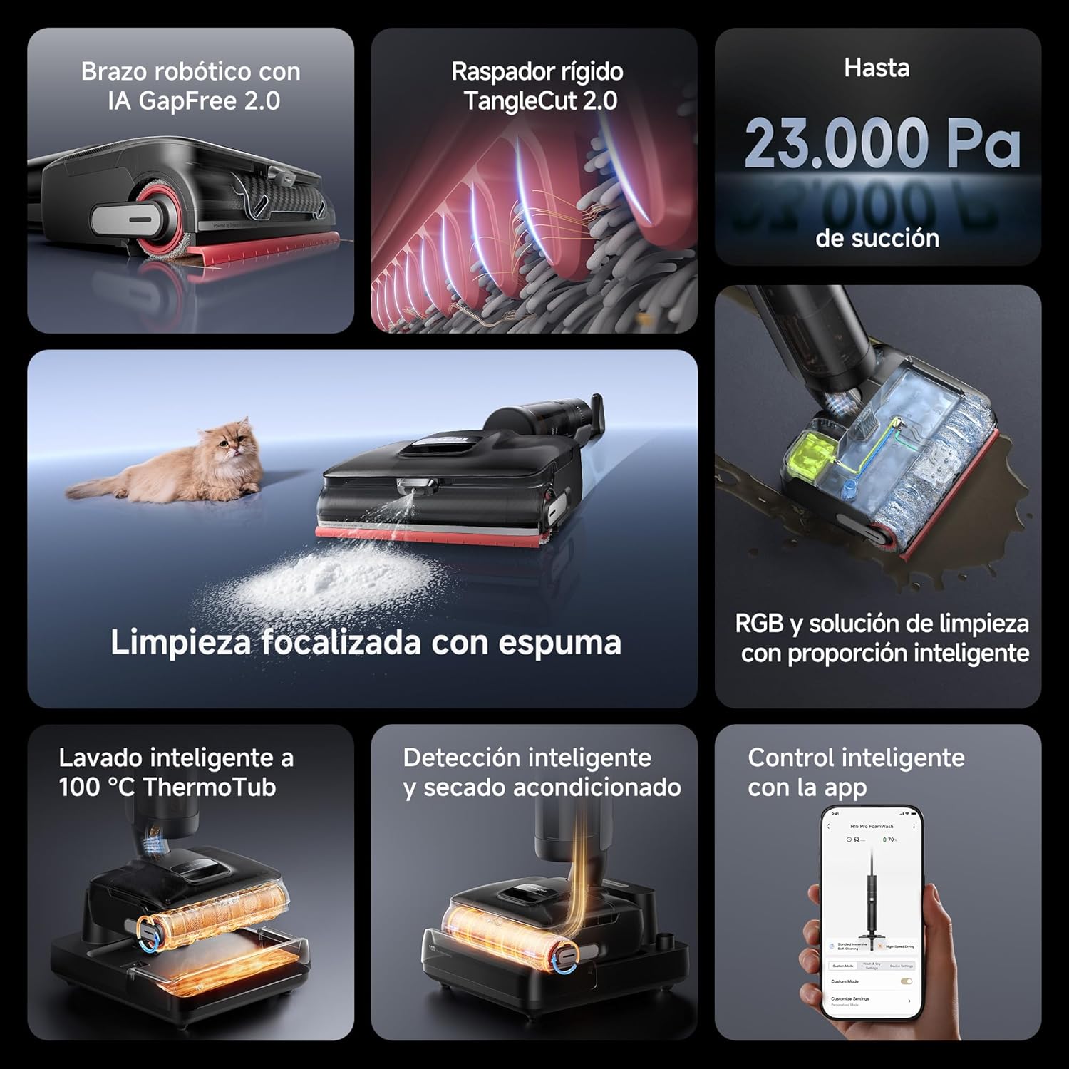 DREAME H15 Pro FoamWash Aspirador en Seco y Húmedo, Lavado con Espuma Focalizado, Solución de Limpieza con Proporción Inteligente, Brazo Robótico con IA 2.0, TangleCut 2.0, Lavado a 100 °C 12