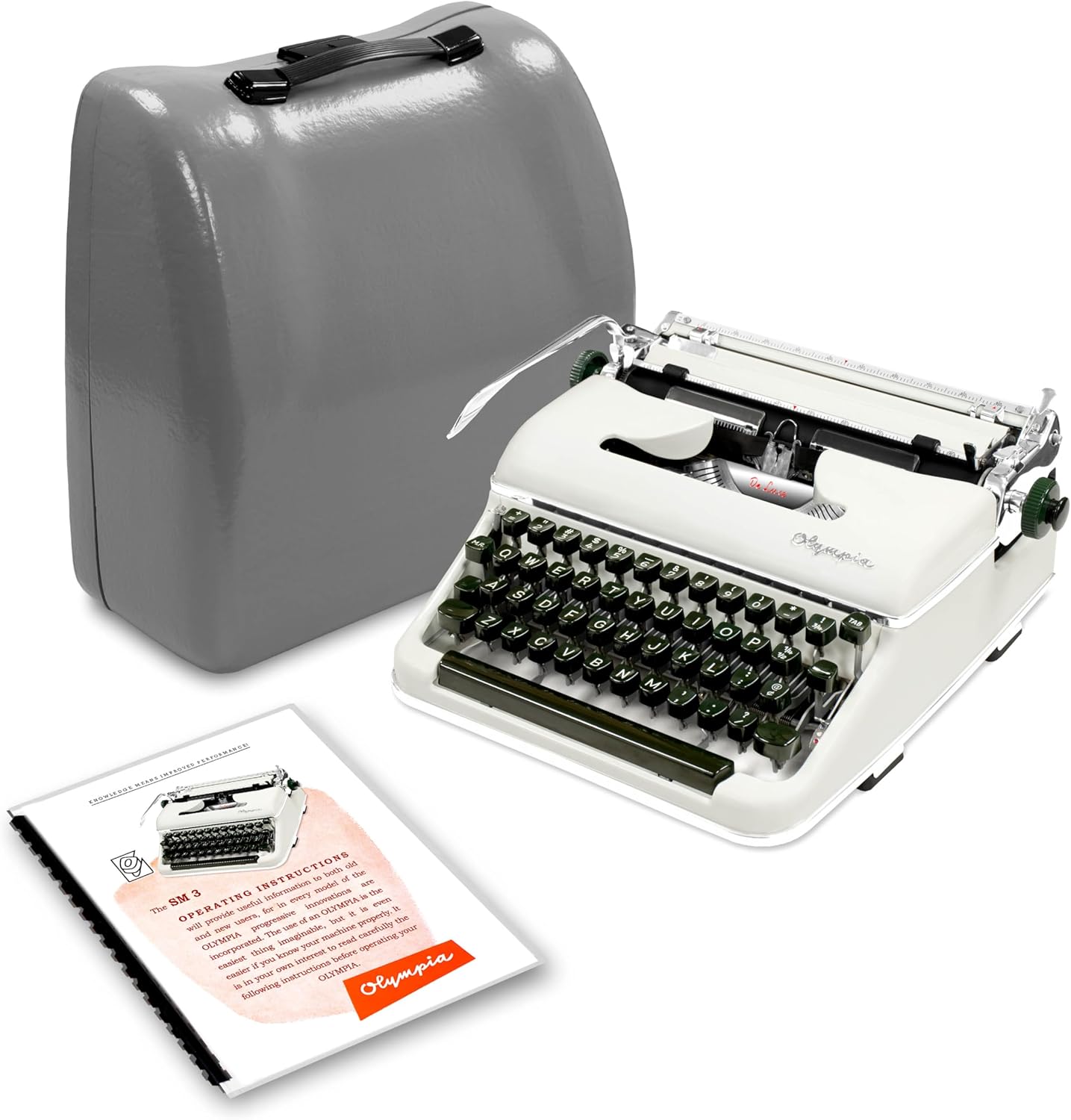 Glossy-White 1956 Olympia SM3 De Luxe Manual Typewriter with Case, New Platen, Vintage SM-3 (Renewed/Refurbished)