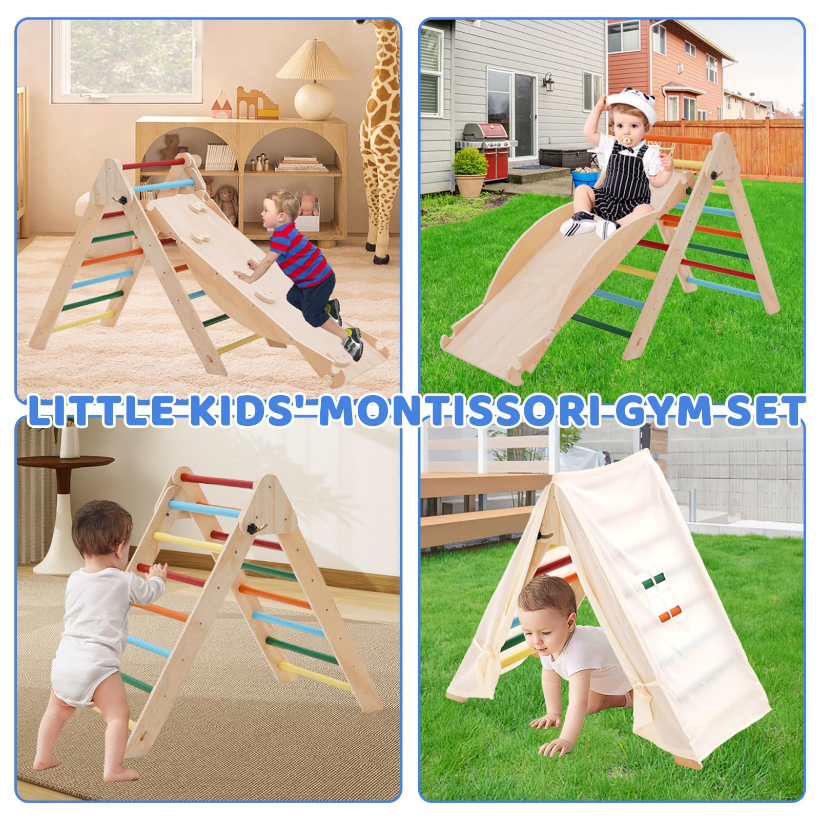 5-in-1 Montessori Kletterdreieck, Klettergerüst Indoor mit Rutsche, Kletterleiter und Zeltdach, Wippe, Faltbares Holz Klettern Spielzeug Indoor Outdoor Set, Indoor Spielplatz 1-5 Jahre