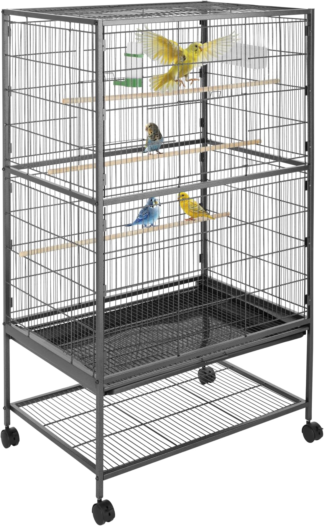 tectake® Large Bird Cage on Wheels with 2 Sliding Doors & Built-In Sand Tray, Incl. Feeding Station, Water Dispenser & 3 Perches, Ideal as Cockatiel & Parrot Cage - 78 x 52 x 131 cm