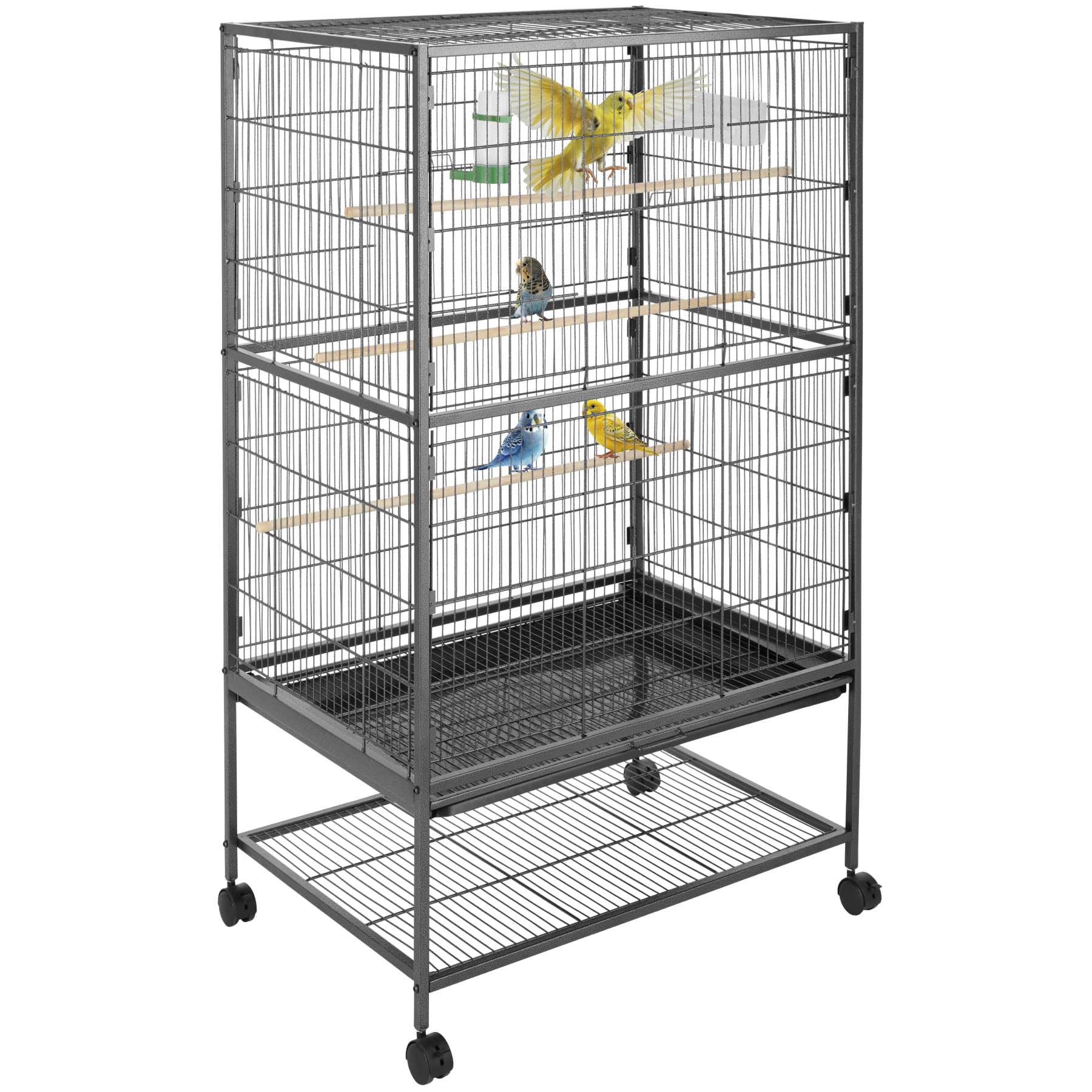 tectake® Large Bird Cage on Wheels with 2 Sliding Doors & Built-In Sand Tray, Incl. Feeding Station, Water Dispenser & 3 Perches, Ideal as Parrot, Canary, Cockatiel & Budgie Cage - 78 x 52 x 131 cm