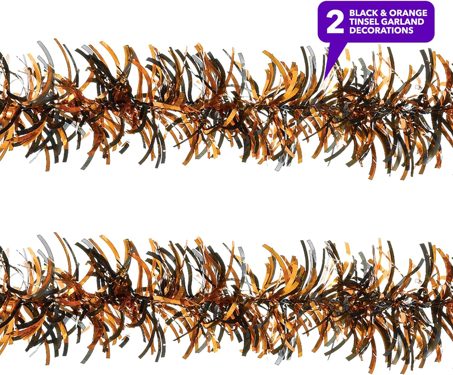 Halloween Tinsel - Metallic Black & Orange Tinsel Garland, 9 Feet Long (Pack of 2) - Halloween Decor Tinsel