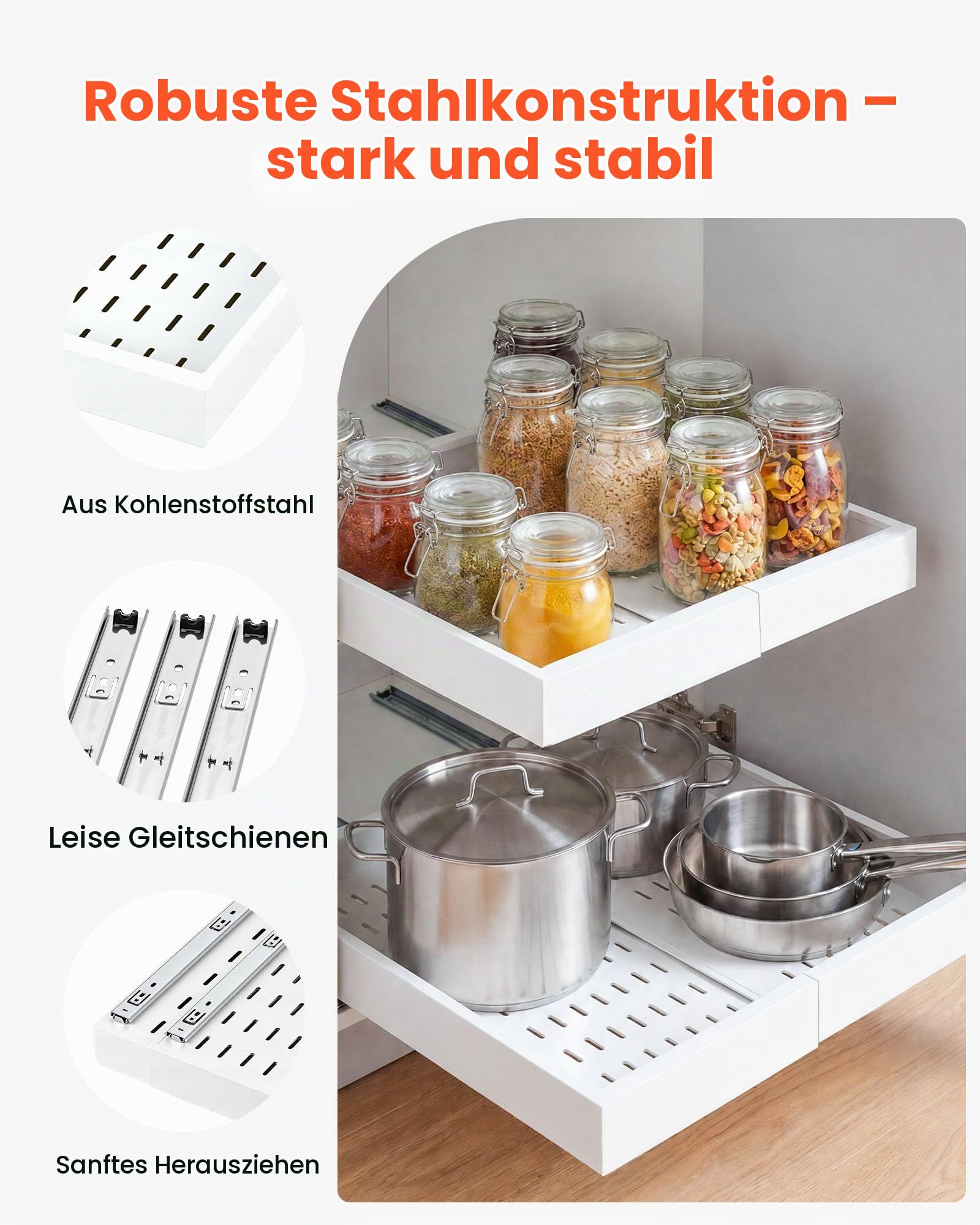 VEVOR 2 x Teleskopschubladen Ausziehbare Küchenschrank-Organizer 31-48 cm, 52 cm Tiefe Auszugsschubladen für Schränke, Erweiterbare Auszugsschubladen für Küchenschränke mit Nano-Klebestreifen (Weiß)