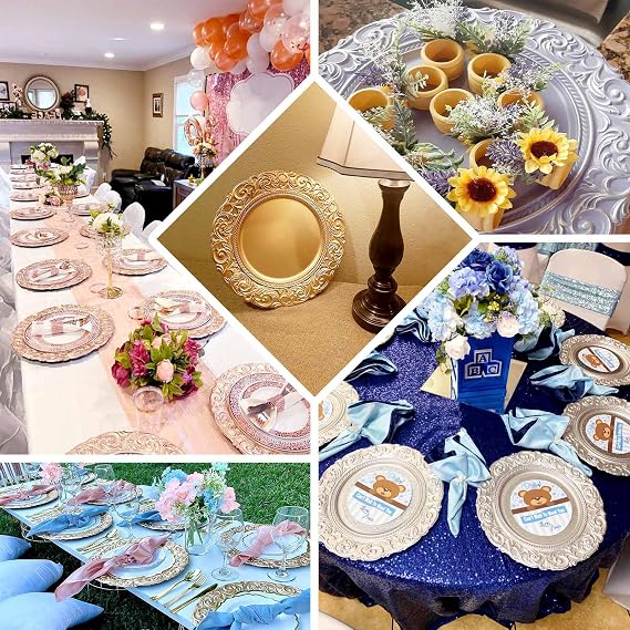 Efavormart 6-Pack Antique White Gold Baroque Charger Plates - 14 Round Underplates with Engraved Rim for Shabby Chic Weddings and French Country Events