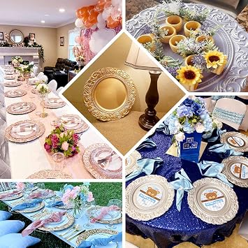 Efavormart 6-Pack Antique White Gold Baroque Charger Plates - 14 Round Underplates with Engraved Rim for Shabby Chic Weddings and French Country Events