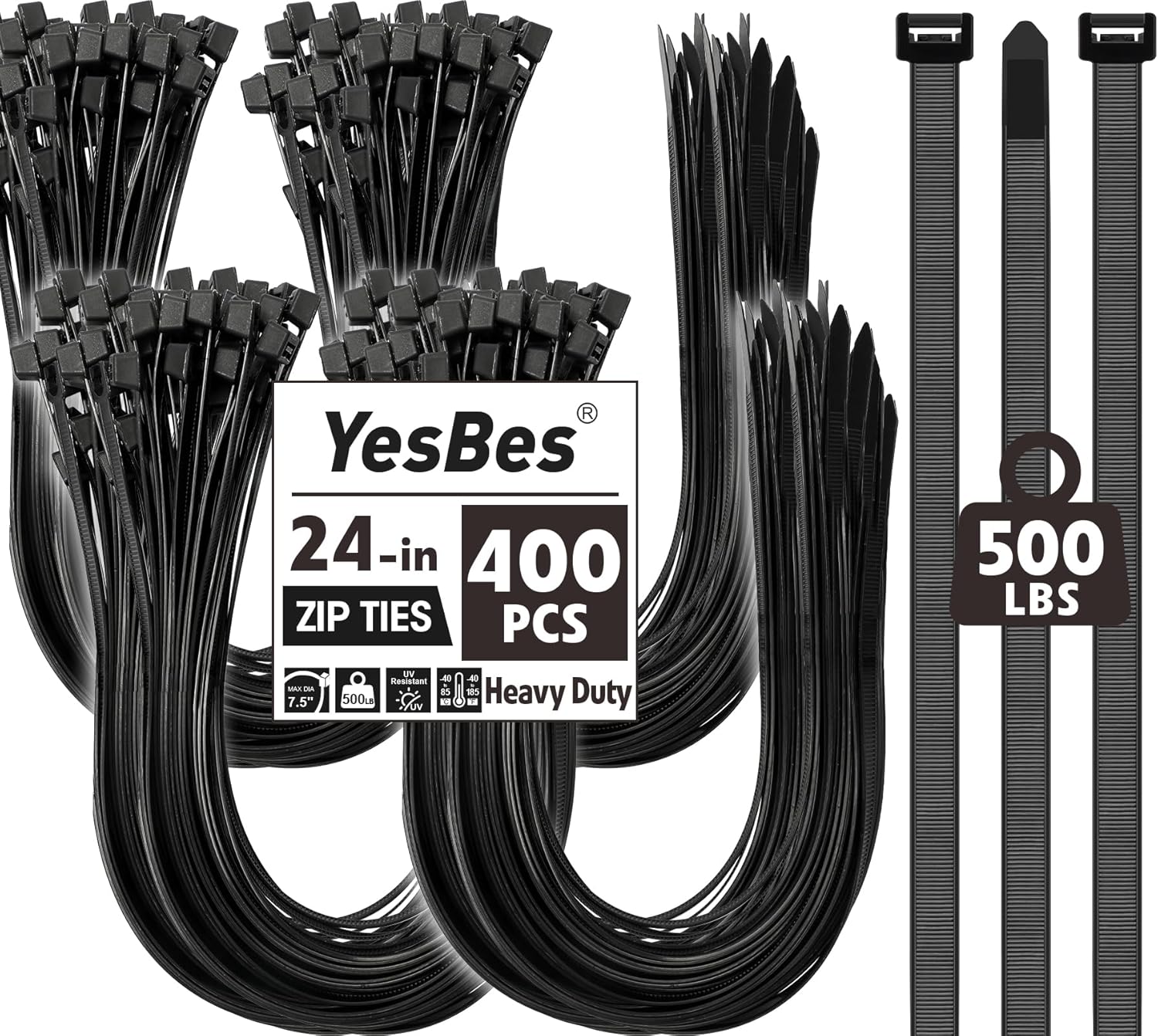 400 PCS Zip Ties 24 Inch Heavy Duty, Large Cable Ties 500lbs Tensile Strength, Black Zip Ties for Indoor and Outdoor Use, UV Resistant Wire Ties