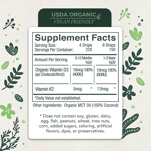 Miniatura 4 de Vitamina D3 y Vitamina K2 Gotas Líquidas. Bebé Vitamina D Gotas para Bebés con Vitamina K para una absorción óptima. Suplemento de vitamina D3 K2