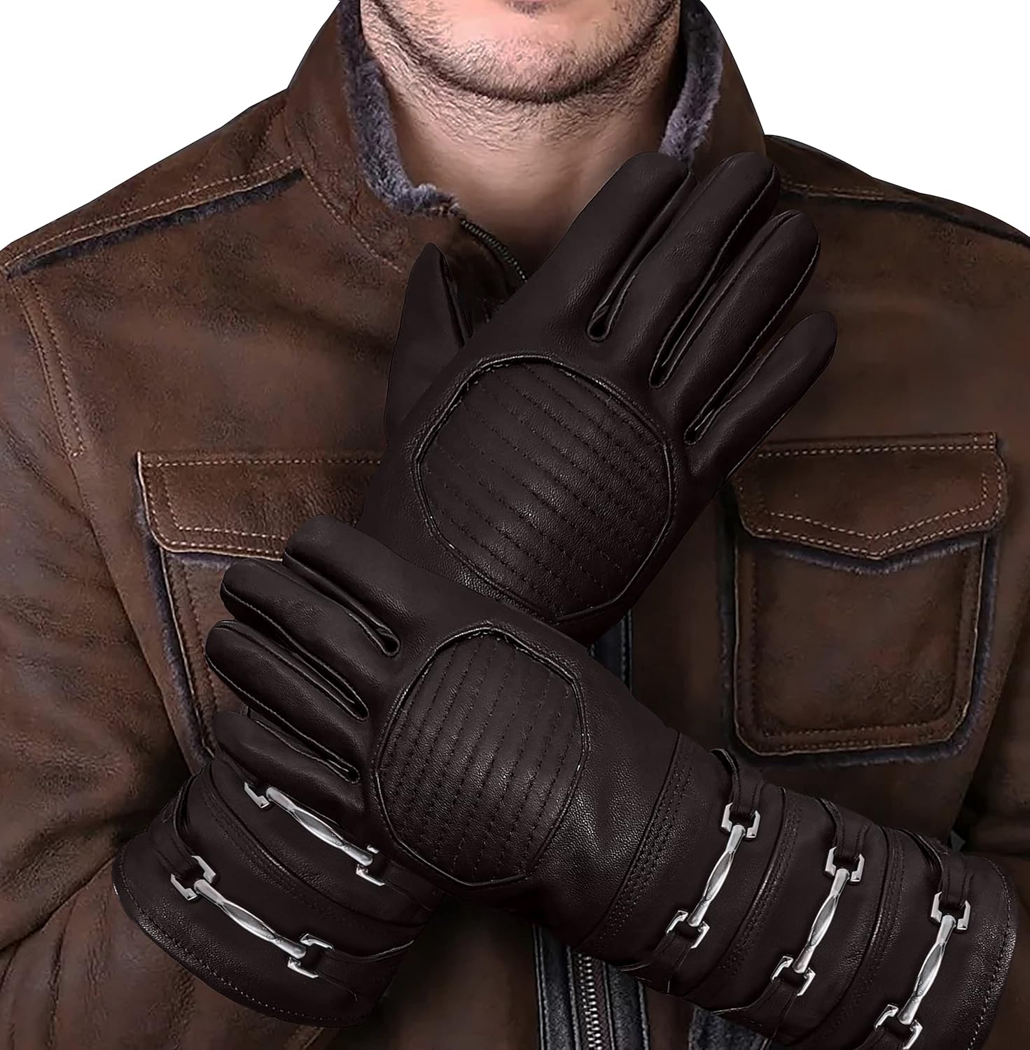 URBAN BUCK Real Sheepskin Leather Sky Gauntlet Costume Glove - Regular Fit Long Arm Cuff Mens Unlined Cosplay Gloves