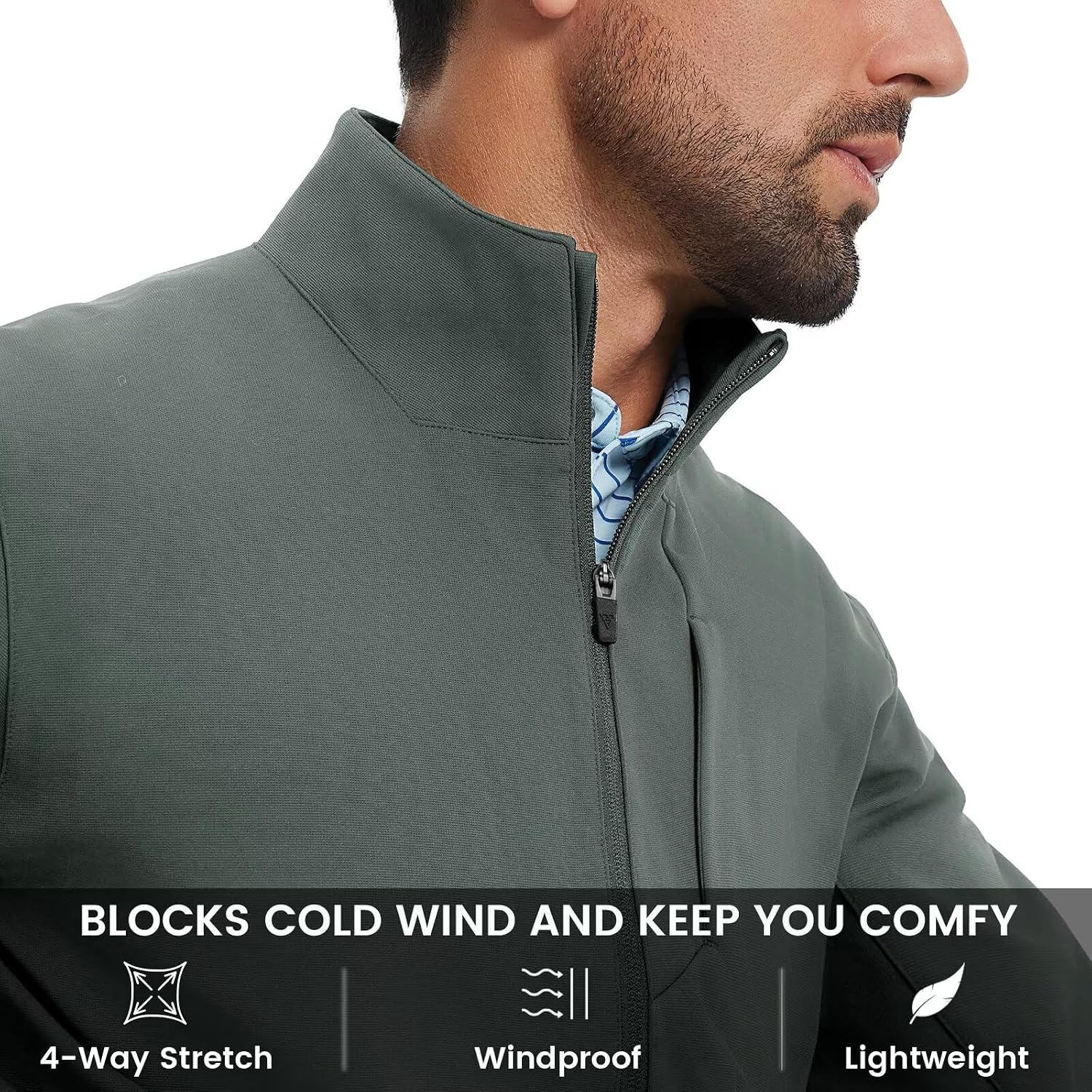 MAELREG Mens Full Zip Up Jacket Casual Stand Collar Lightweight Golf Softshell Windbreaker Jacket for Men 5 Pockets