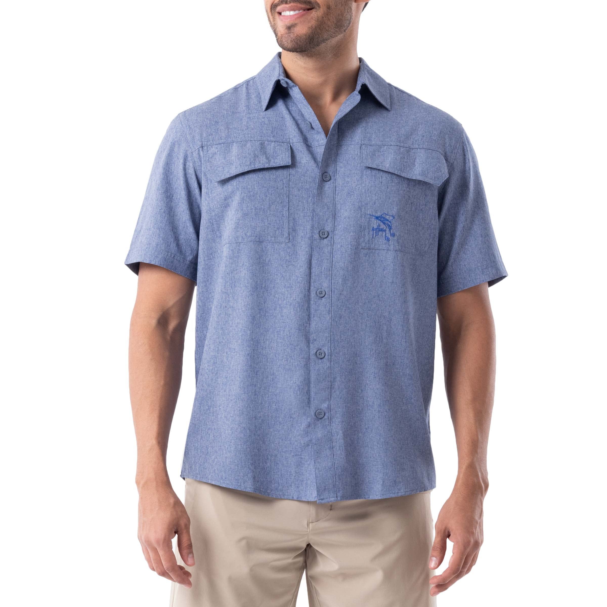 Guy Harvey Men's Short Sleeve Harbor Heather Performance Fishing Shirt, Estate Blue, XL