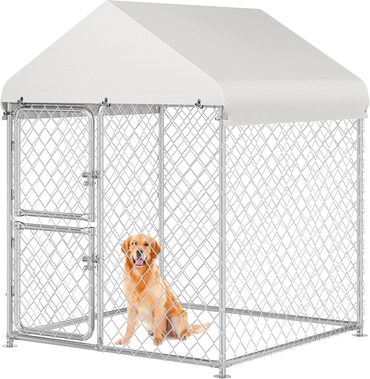 DWVO Outdoor Dog Kennel with Roof, Extra Large Pet Pens Dog House 4×4×5.4FT Galvanized Dog Run Enclosure with UV-Resistant Waterproof Cover & Double-Doors Chain Link Fence Outside for Yard