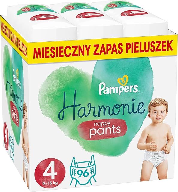 Pampers Pants Pieluchomajtki Rozmiar 4 (9-15kg), Harmonie , 96 Pieluszki, Ochrona Delikatnej Skóry i Składniki Pochodzenia Roślinnego