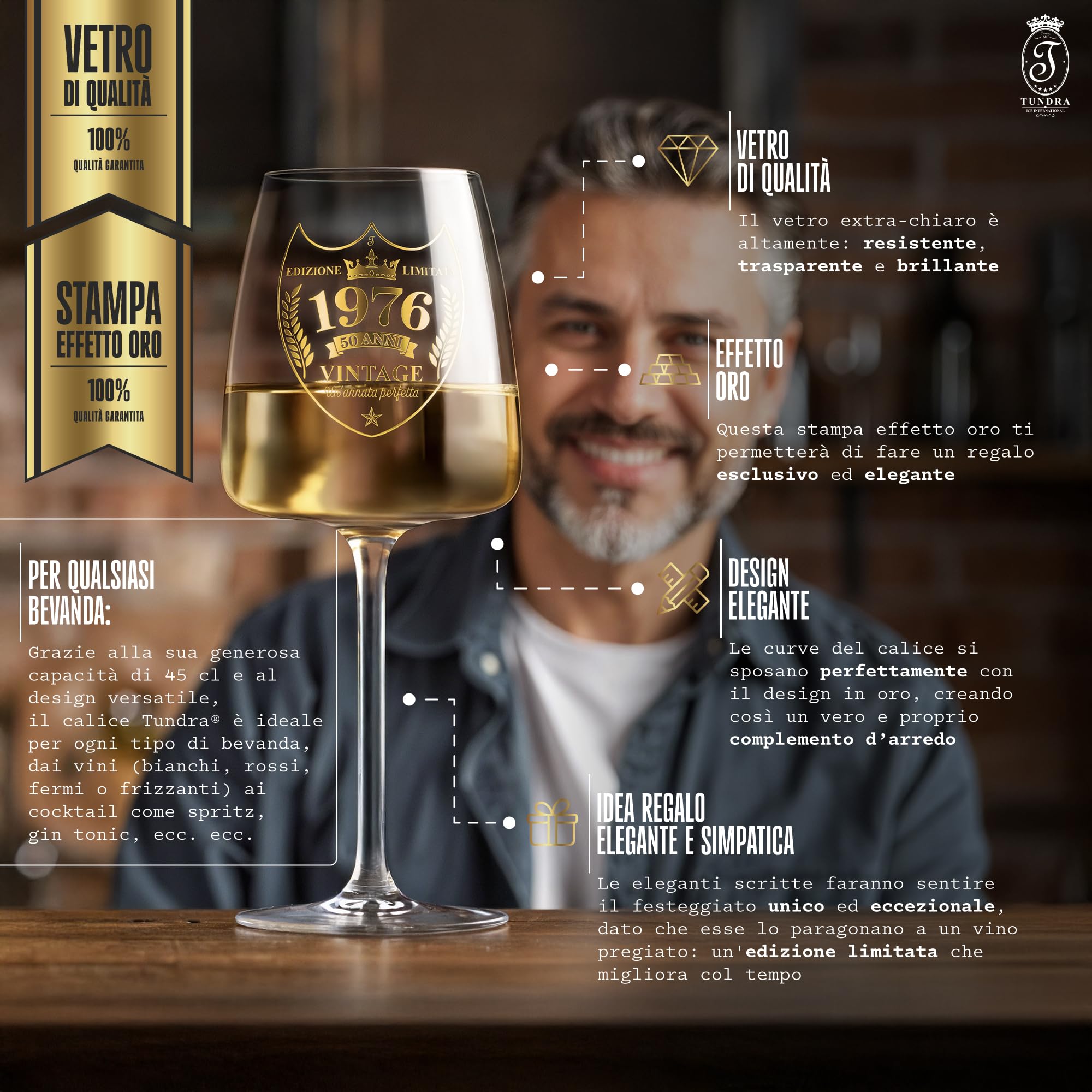 TUNDRA - Calice Personalizzato per Regalo 50 Anni Compleanno Uomo | 1976 | Calice in CRISTALLINO da 450 ML con stampa EFFETTO ORO di Altissima Qualità - Idee Regalo Uomo Compleanno Originali (50 Anni)