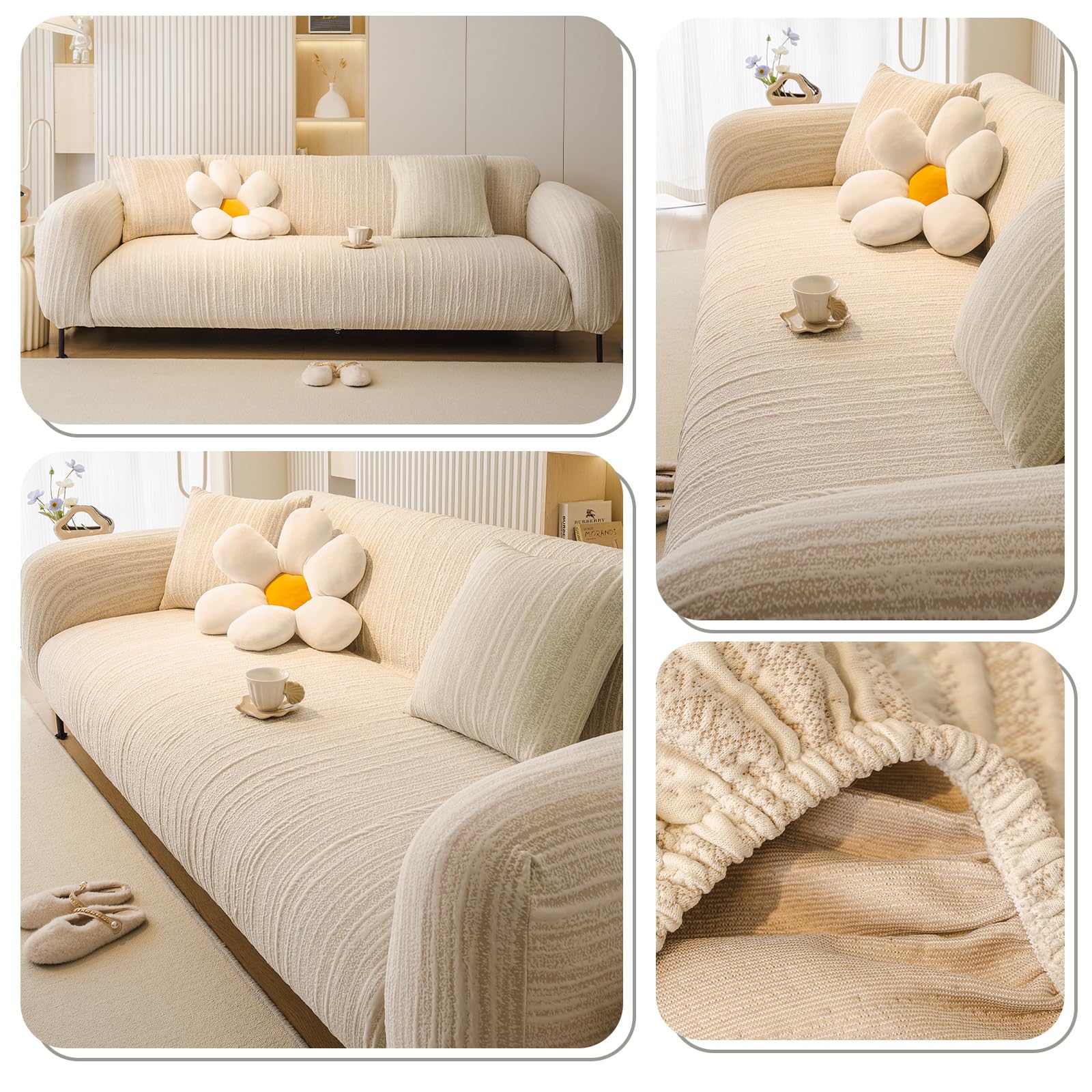 Copridivano 3 Posti con Braccioli, Copridivano Antigraffio Gatto, Copri Divano Elasticizzato Elastico, Universale Sofa Cover Antimacchia Lavabile Antiscivolo (3 Seduta, Beige)