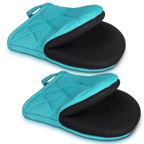 1 Pair Short Oven Mitts - Silicone Kitchen Oven Gloves High Heat Resistant 500℉, Mini Oven Mits with Non-Slip Grip Surfaces and Hanging Loop for BBQ, Baking, Cooking and Grilling (Coral Blue) - Coral Blue
