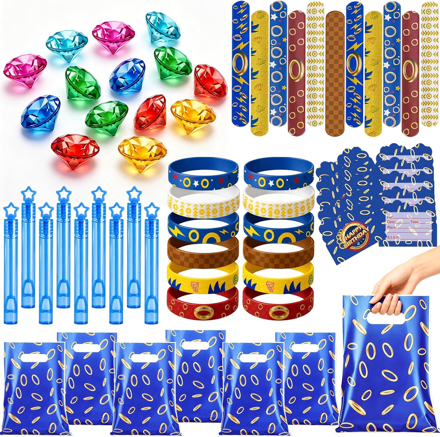 72 Pcs Hedgehog Birthday Party Favors with Bubble Wands Gift Bags | Party Favors with Bubble Wands, Slap Bracelets, Wristbands, Diamond Gems, Invitation Cards and Gift Bags for Pinata Fillers