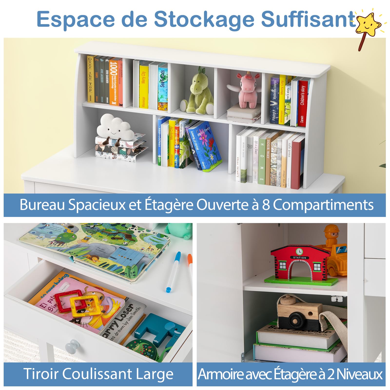 GOPLUS Bureau Garcon Fille, Table Enfant avec Chaise, Clapier 8 Cases, Grande Armoire et Tiroir, Dossier Ergonomique, Bureau Enfant en Bois avec Rangement