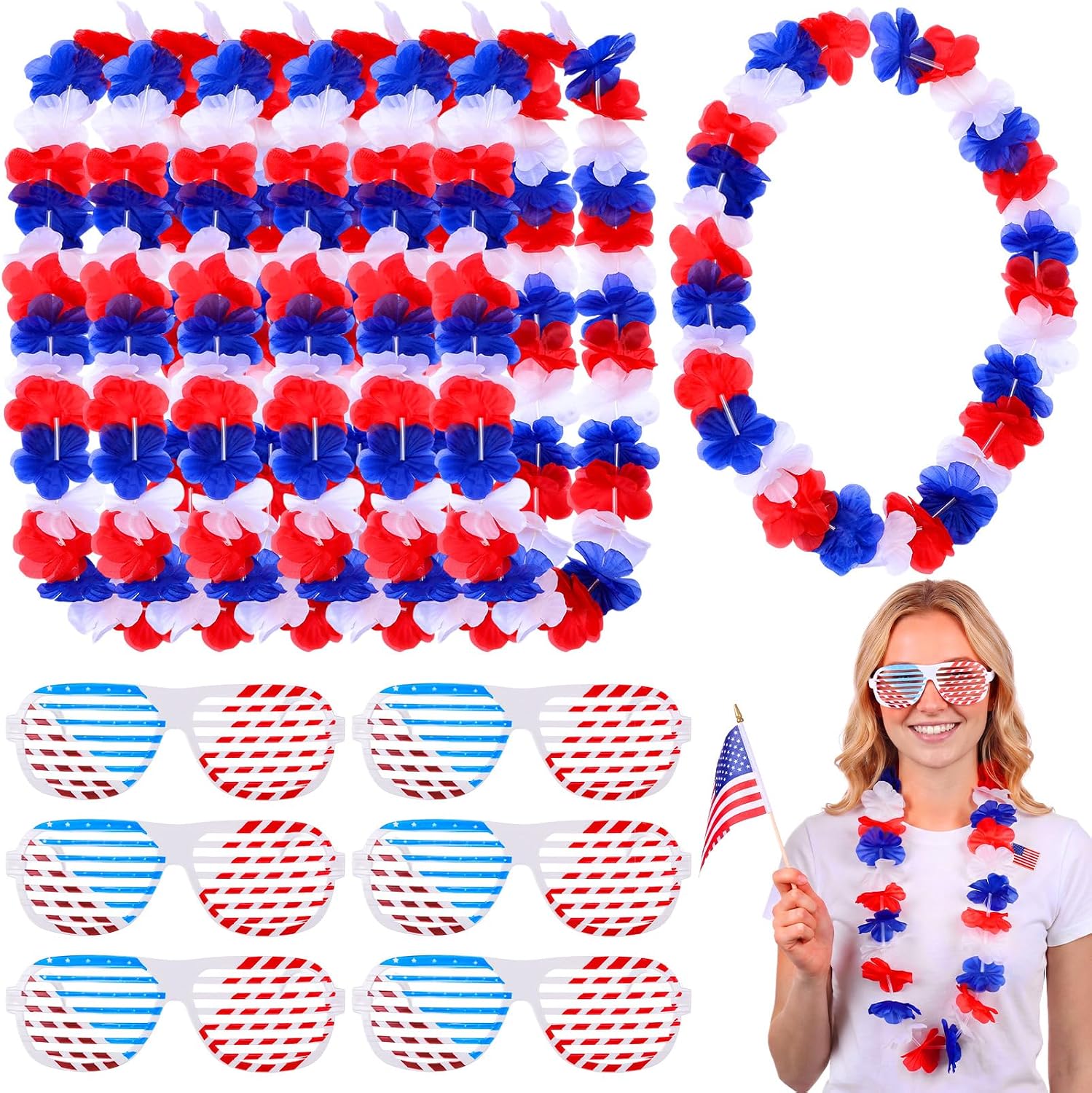 12 Set 4th of July Party Accessories Patriotic Leis and American Flag Sunglasses Red White Blue Flower Lei Necklaces Shutter Glasses for Independence Day 250th Anniversary Party Favors
