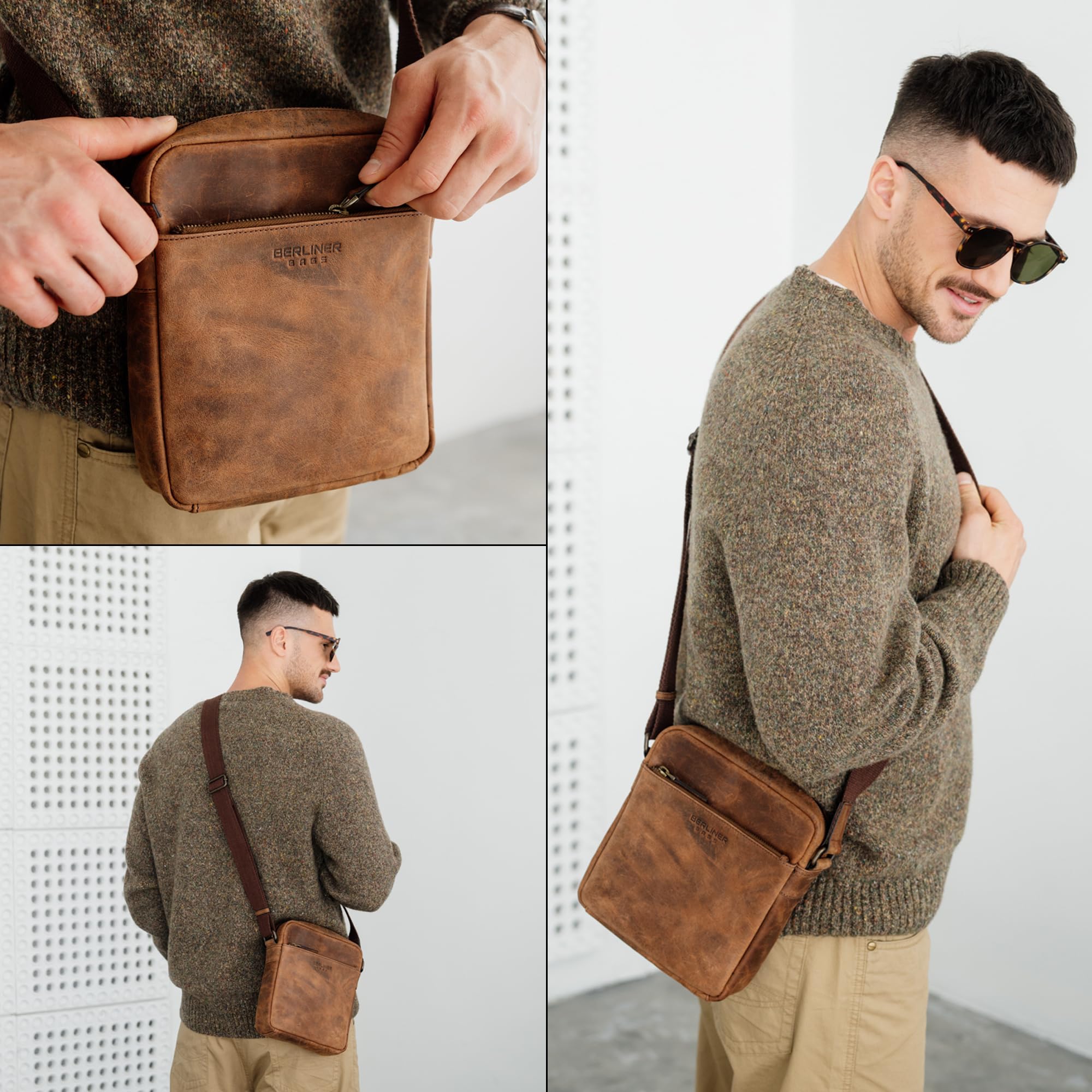 Berliner Bags Vintage Umhängetasche Tom, Schultertasche aus Leder, Männerhandtasche und Crossbody für Herren