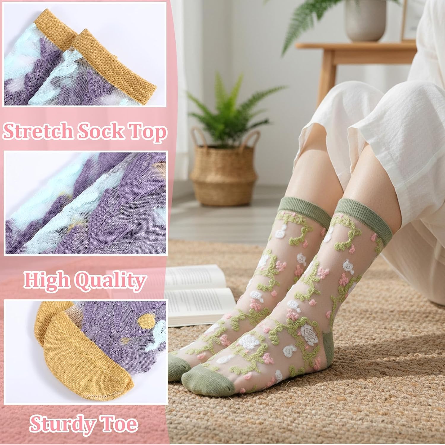 Tucnoeu 5 Pairs Womens Floral Sheer Socks, Transparent Crystal Glass Silk Socks, Summer Thin Mesh Ankle Cottagecore Elastic See Through Sock