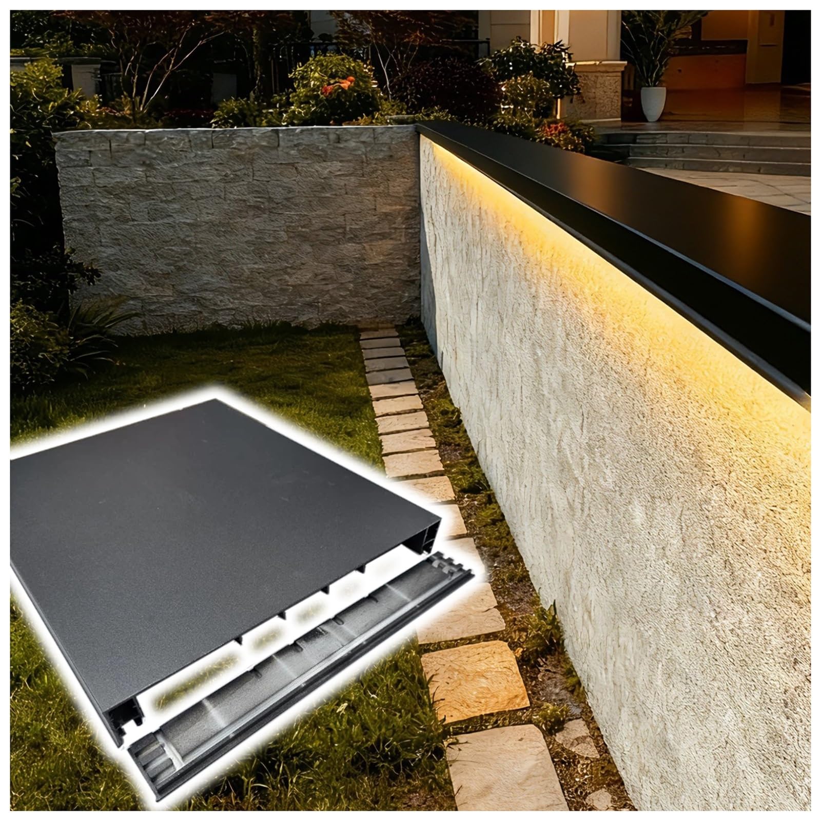 Brick Parapet Wall Coping Cap Kit - Aluminum Cover Plate & End Caps & Base & Screws, Fence Top Covering Board with Light Strip Channels, Cuttable(Fit 249-305mm W,185cm/72.8in L)