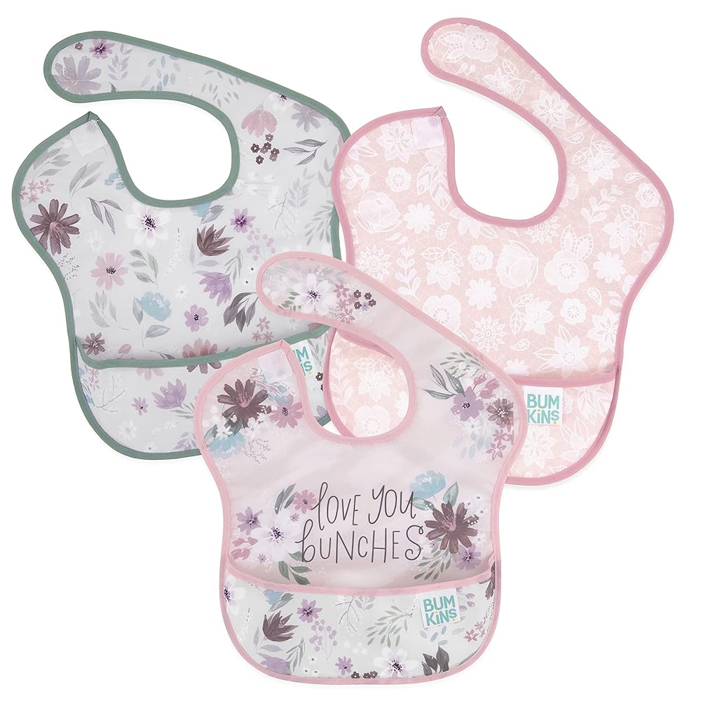 Bumkins Bibs for Girl or Boy, SuperBib Baby and Toddler for 6-24 Months, Essential Must Have for Eating, Feeding, Baby Led Weaning Supplies, Mess Saving Catch Food, Fabric 3-pk Floral and Lace