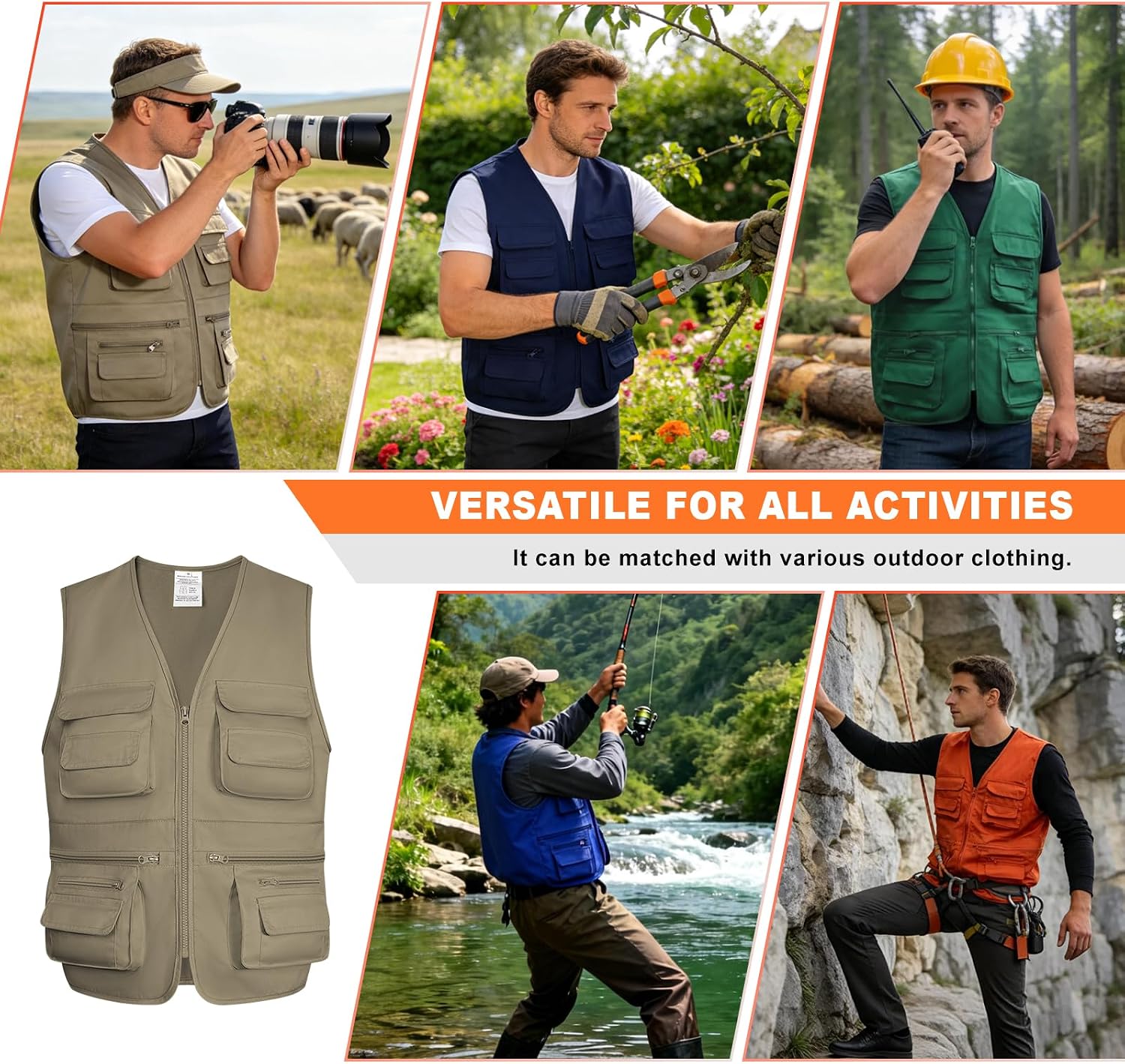 Fishing Vest for Men Outdoor, Utility Safari Cargo Vest With 8 Pockets, Lightweight, Work, Hiking, Travel