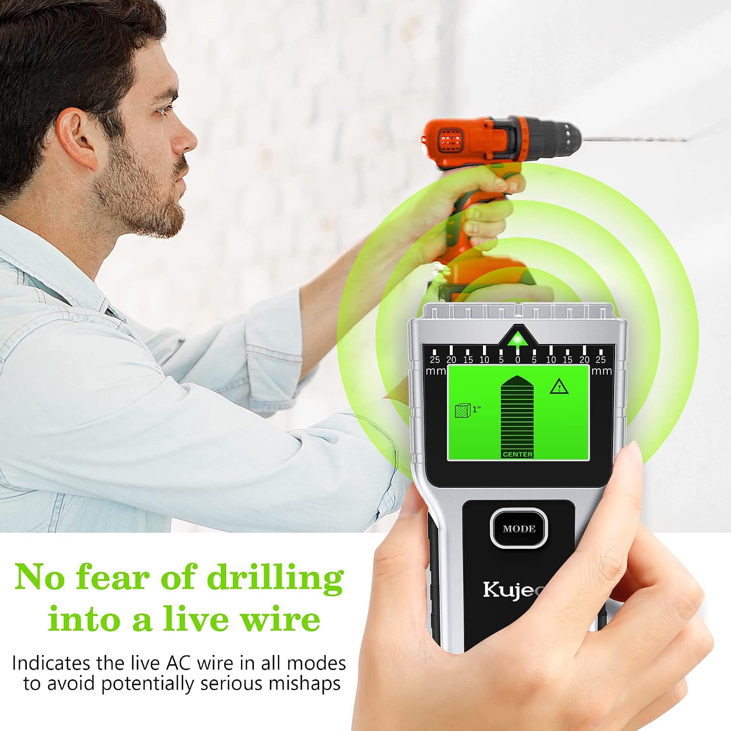Kuject wall scanner detecting a live AC wire, preventing drilling mishaps