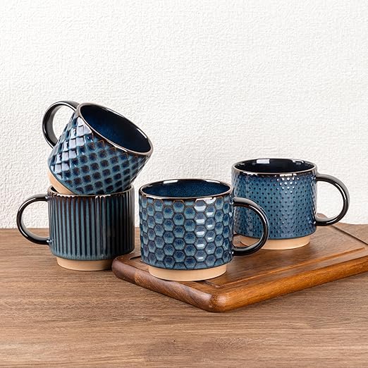 GBhome 12 OZ Stackable Coffee Mugs, Ceramic Coffee Mugs with Texture Patterns for Man,Woman,Dad,Mom, Modern Coffee Mugs Set of 4 for Latte/Cappuccino/Cocoa. Dishwasher&Microwave Safe