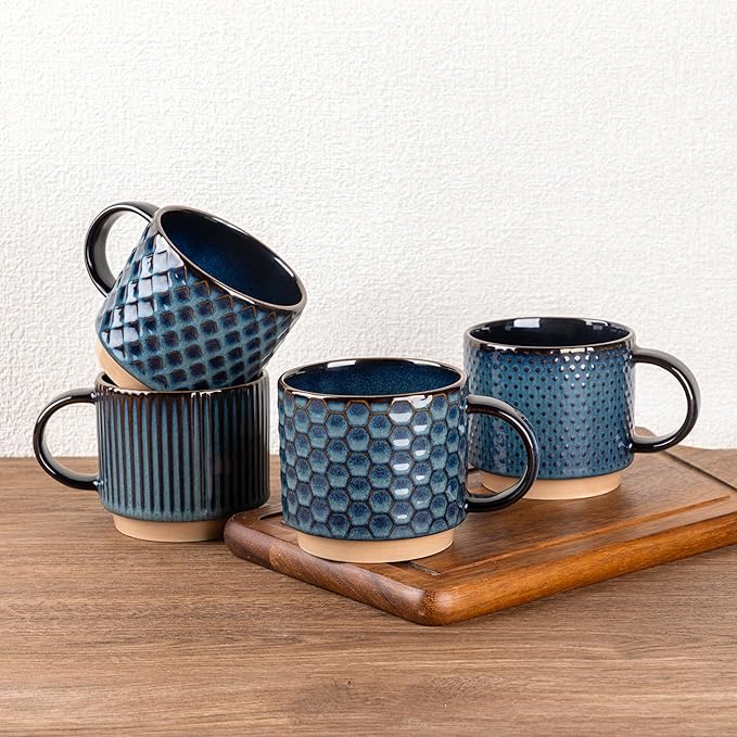 15OZ Stackable Coffee Mugs, Ceramic Coffee Mugs with Texture Patterns for Man,Woman,Dad,Mom, Modern Coffee Mugs Set of 4 for Latte/Cappuccino/Cocoa. Dishwasher&Microwave Safe,