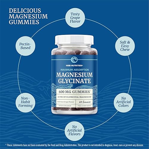 Miniatura 4 de Gomitas de Glicinato de Magnesio 600MG  Apoyo para el Sueño, la Calma y la Relajación  60MG de Magnesio Elemental por Porción  Sabor Uva, Sin Gluten