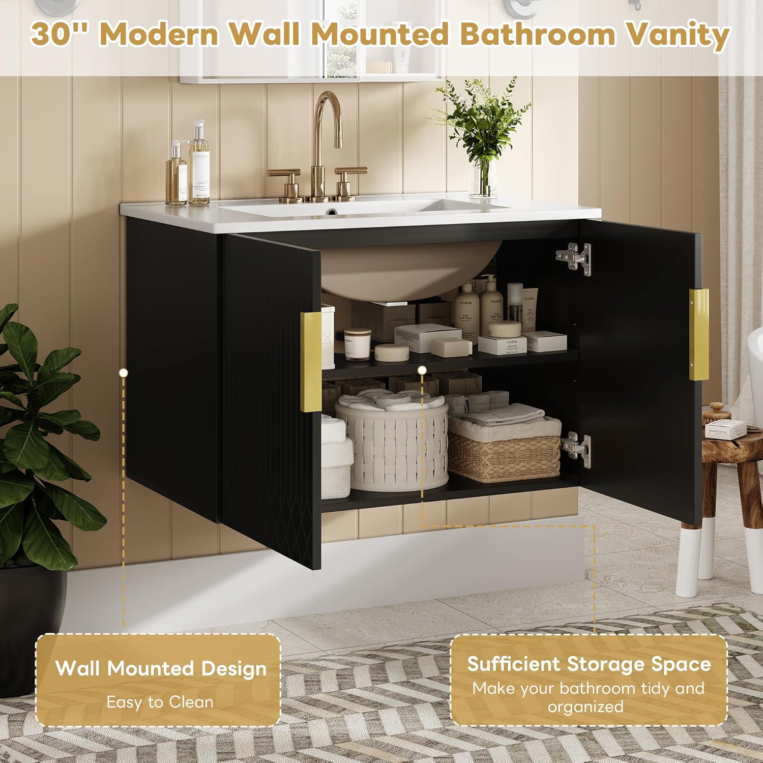 30 Inch Bathroom Vanity with Sink, Floating Bath Vanity with 2 Soft-Close Carved Doors, Wall Mounted Bathroom Vanities with Ceramic 3 Holes Sinks, Modern Vanity with Sink for Bathroom (30",Black)