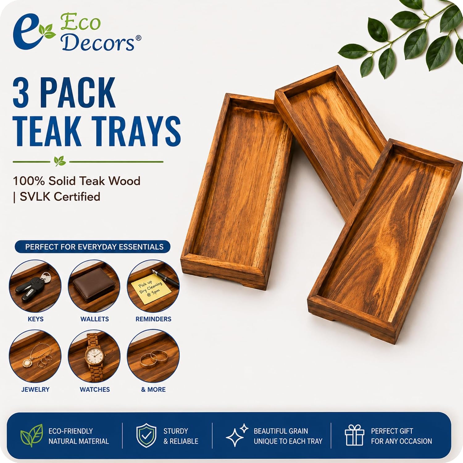 3 Pack Teak Amenity Trays for Bathroom Counter & Vanity – Solid Teak Wood Organizer for Jewelry, Perfume, Lotion, Wallets & Keys – Waterproof & SVLK Certified