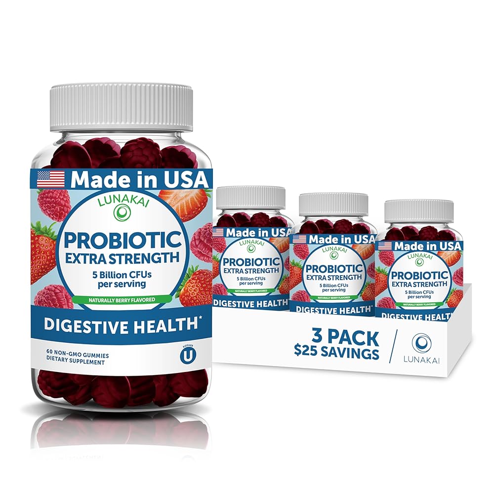 Lunakai USA Made Probiotic Gummies - 5 Billion CFUs, Vegan, Non-GMO, Gluten-Free - Digestive & Immune Support for Women & Men - 3 Pack