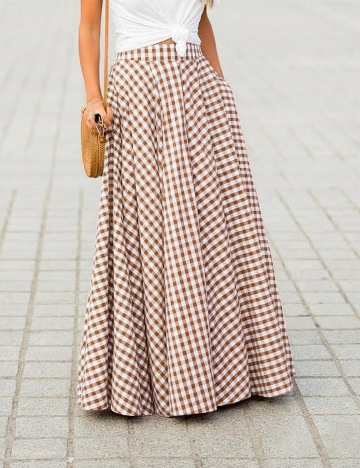 Mansy Women's Plaid Gingham Maxi Skirt High Waist A Line Pleated Flared Summer Casual Swing Long Skirt 2026