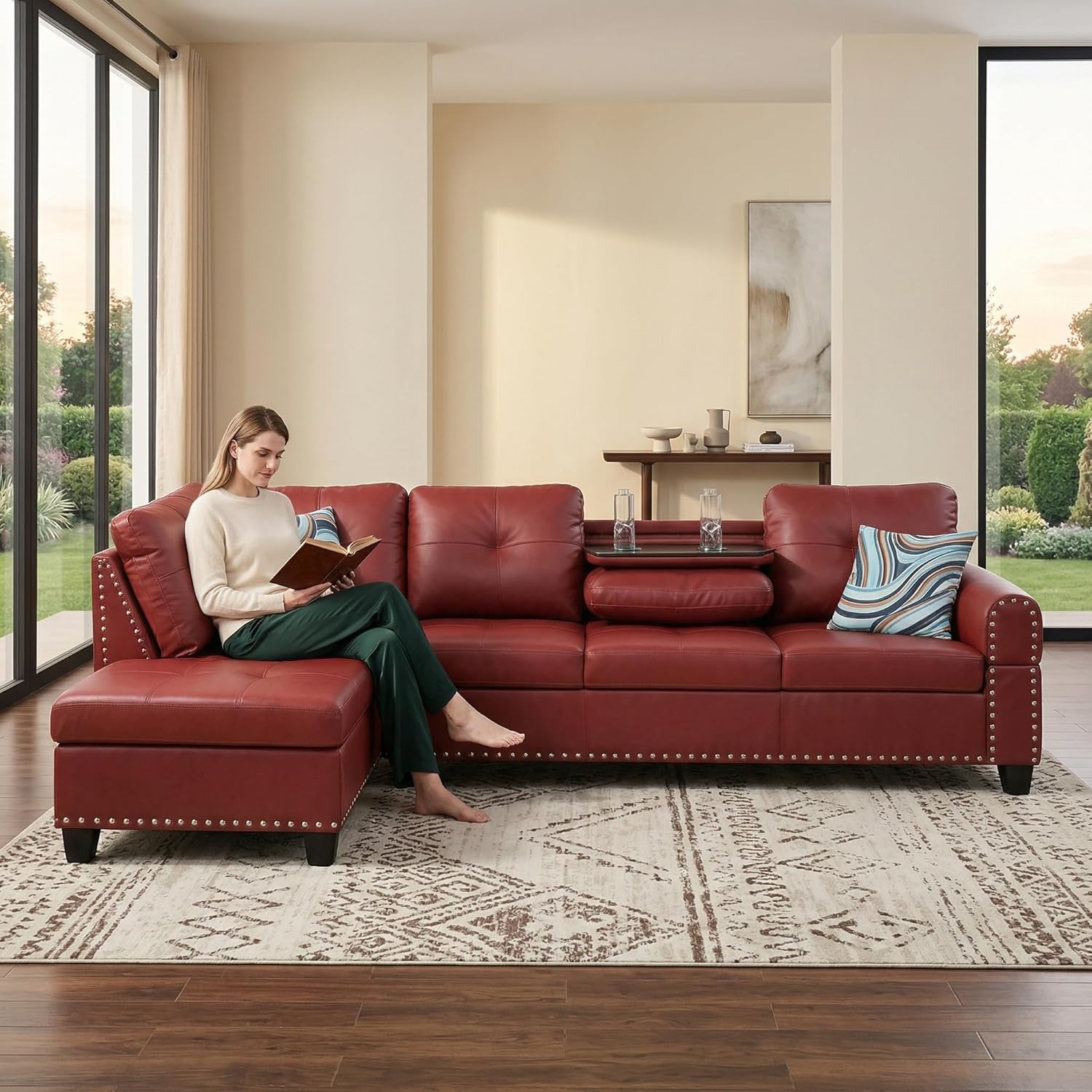 L-Shaped Sectional Sofa, Modern 4-Seat Couch with Built-in Cup Holders, Leather Sectional Couch with Left Facing Chaise for Living Room, Apartment, Office, Red