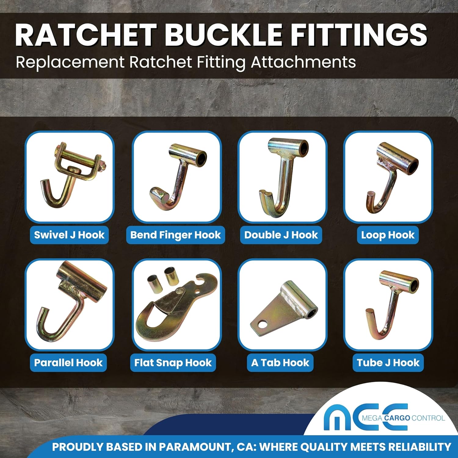 Mega Cargo Control Flat Snap Hook w/Spacers Replacement Ratchet Fittings | for Ratchet Buckles and Tie Down Straps | Secure Hooks in Tow Truck Trailer (6-Pack)