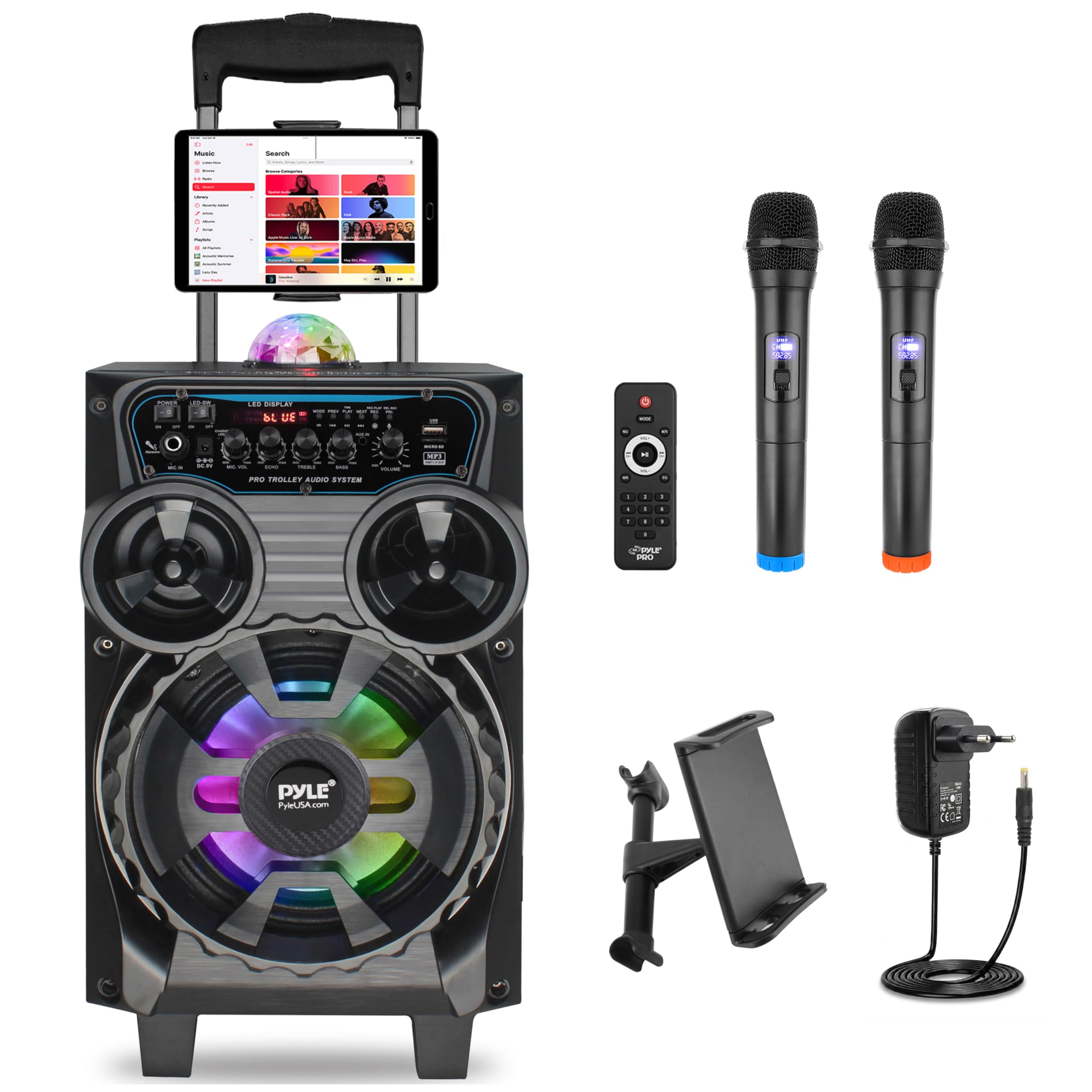 Pyle Altavoz Bluetooth Portátil, 580W, Karaoke con 2 Micrófonos Inalámbricos, Sistema PA Recargable, Luces LED, Trolley con Ruedas, USB SD FM AUX, 20 cm