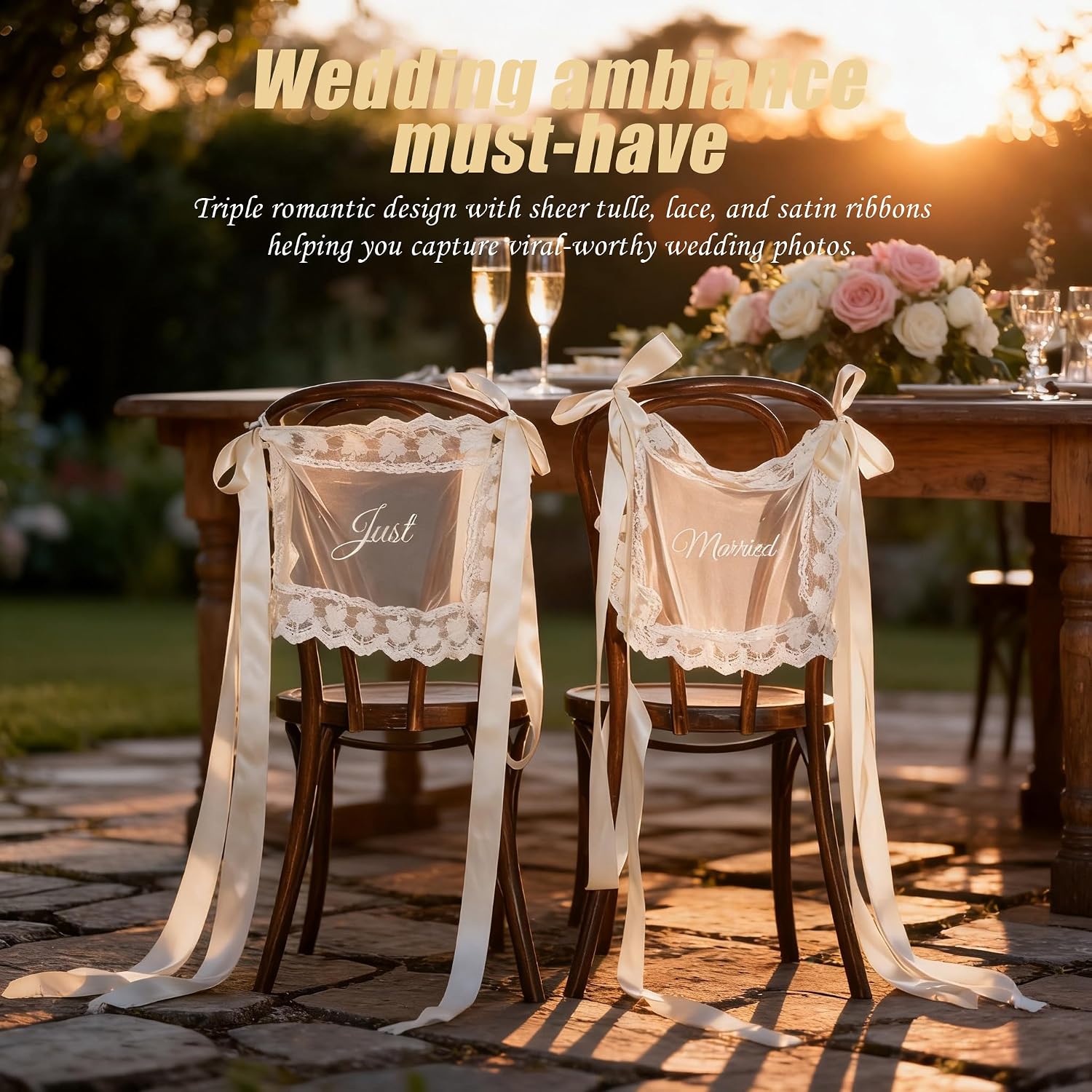 Just Married Lace Wedding Chair Signs, 2 Pcs White Chair Back Banners