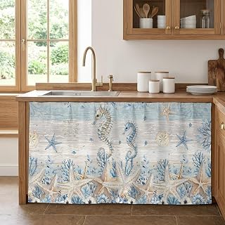 Cabinet Curtain Summer Ocean Seahorse Coral Desk Curtain 28x51in, Washable Under Sink Skirt for Kitchen Bathroom Laundry, Abstract Starfish Vintage Privacy Self-Adhesive Shelf Curtains
