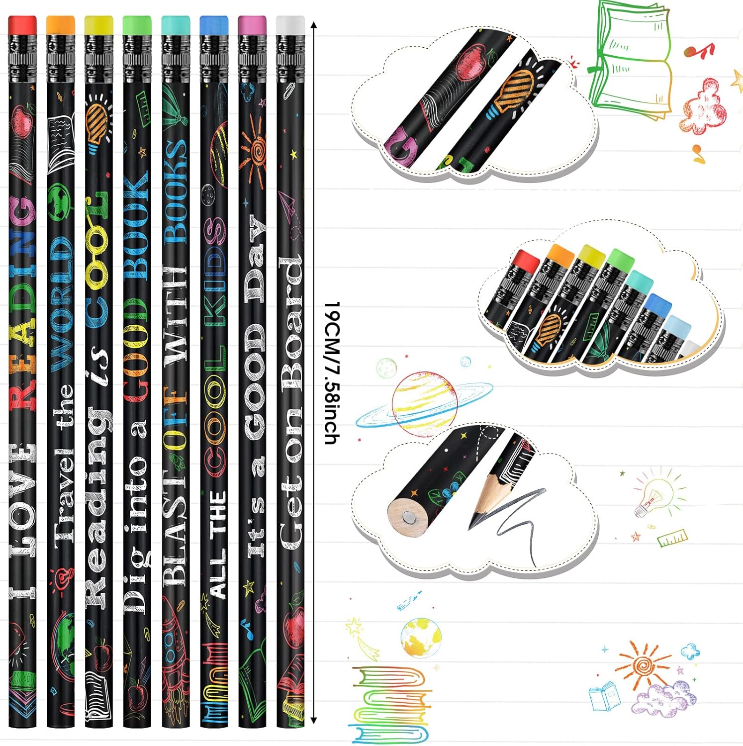 Pasimy 600 Pcs Reading Motivational Pencils Bulk Black Novelty Wooden Pencils with Eraser Classroom Inspirational Pen with Sayings for Kids Student Teacher School Reward Gifts Stationery Party