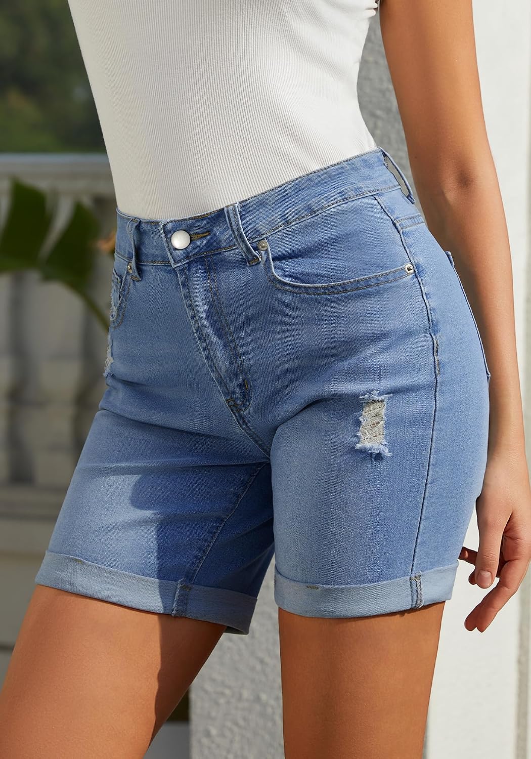 Bosmeer Women's Mid-High Waisted Ripped Denim Shorts Distressed Stretchy Jean Shorts Rolled Hem Casual Summer Jorts