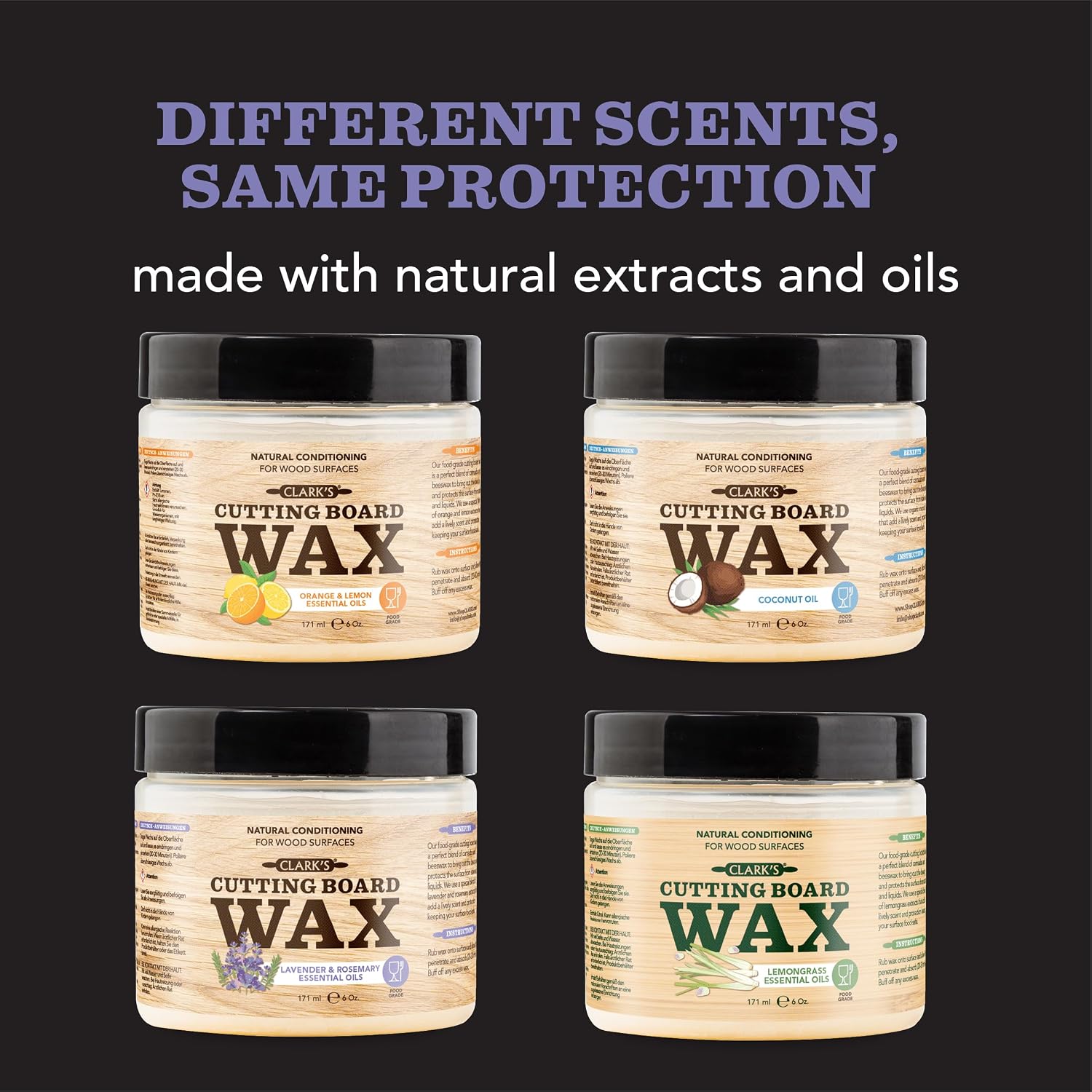 CLARK'S Cutting Board Wax - 2-in-1 Wood Butter & Food Grade Mineral Oil with Beeswax – Butcher Block Conditioner for Cutting Boards – Lavender & Rosemary Essential Oil Scent – Made in USA, 6oz