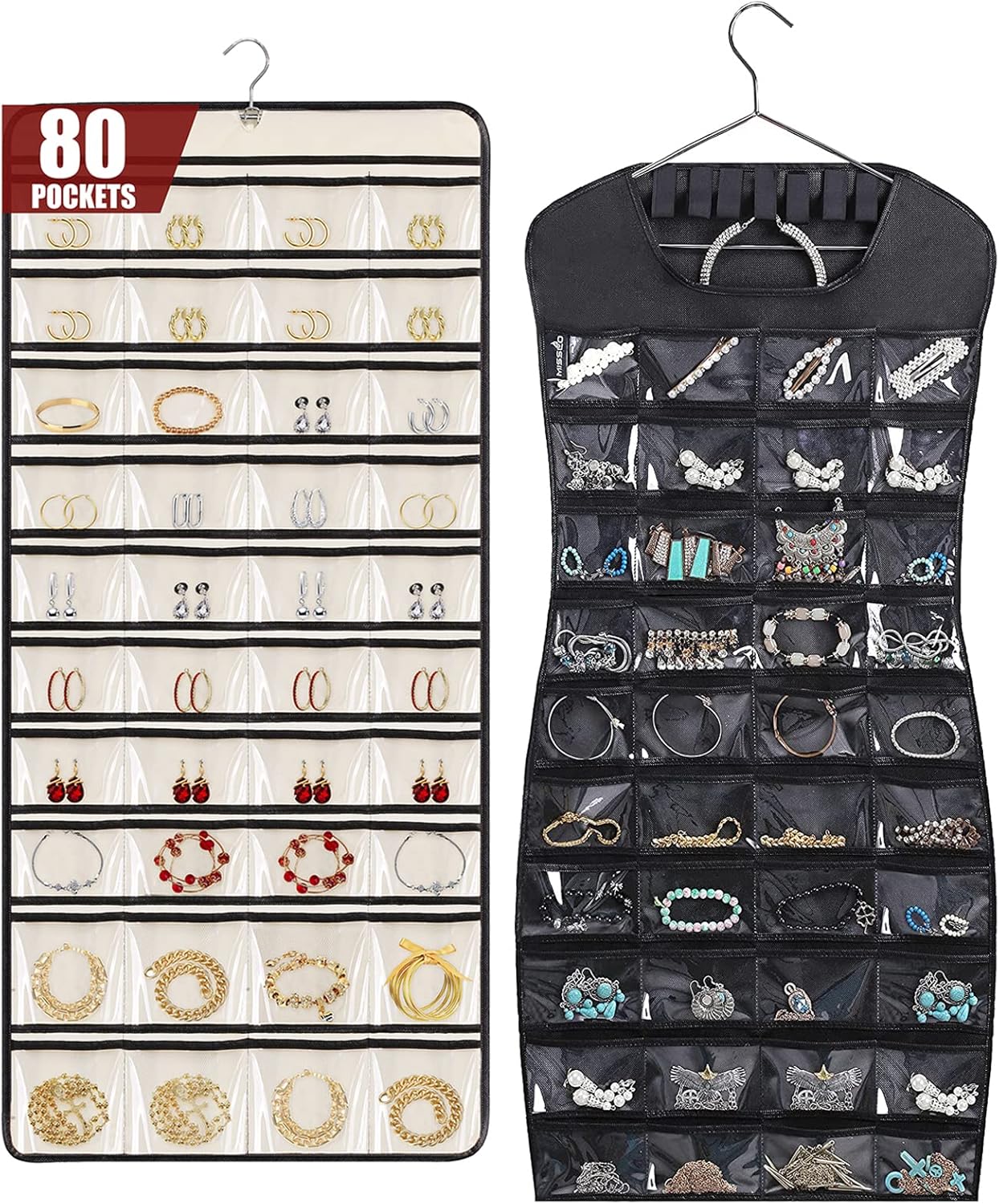 MISSLO 80 Pockets Hanging Jewelry Organizer DualSided