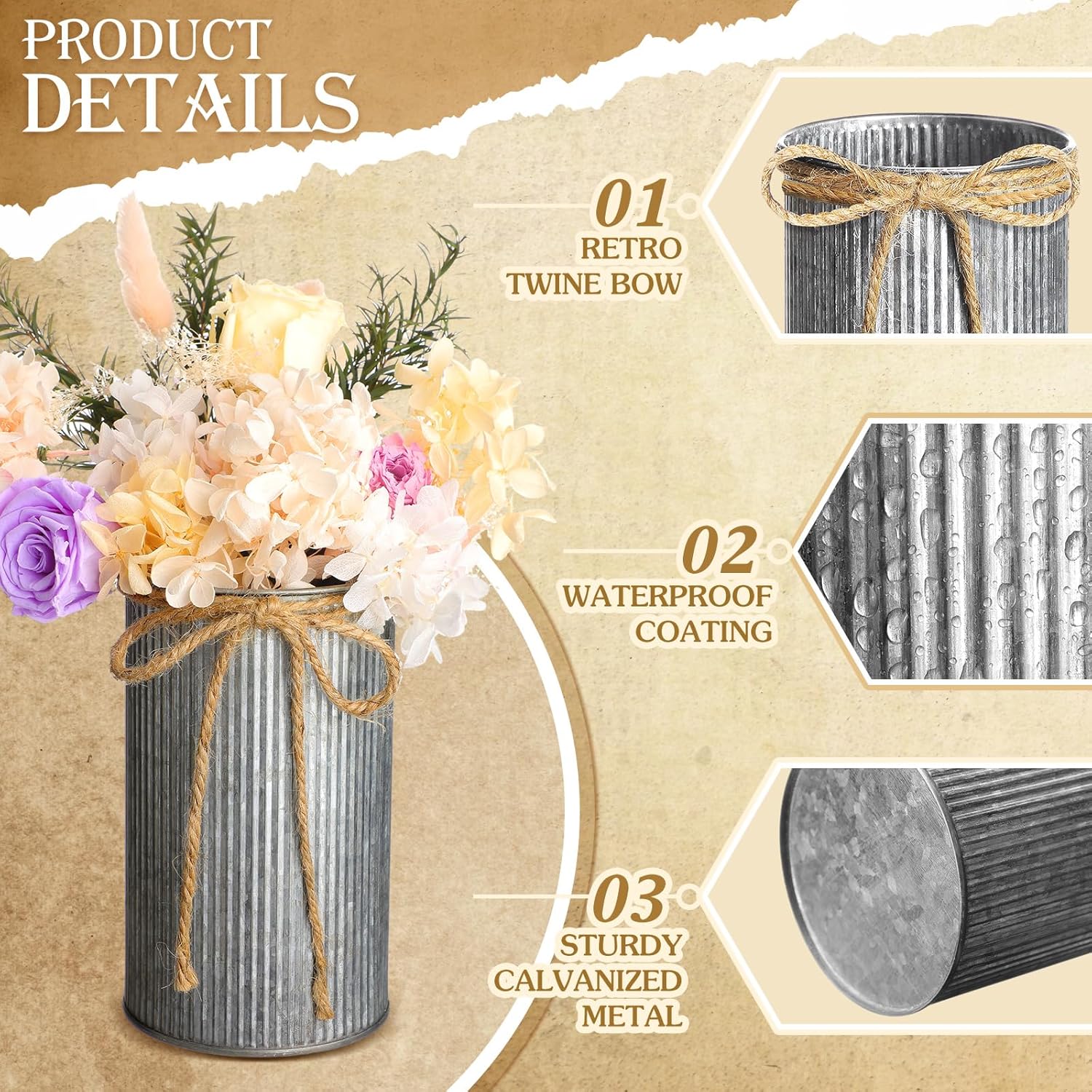 Zonon 18 Pcs Farmhouse Vase Decor with Twine Bow 4.33" Galvanized Flower Bucket 5.91" Metal Pots 7.09" Rustic Decorated Vases for Artificial Flowers Home Table Weddings Decor (Black)