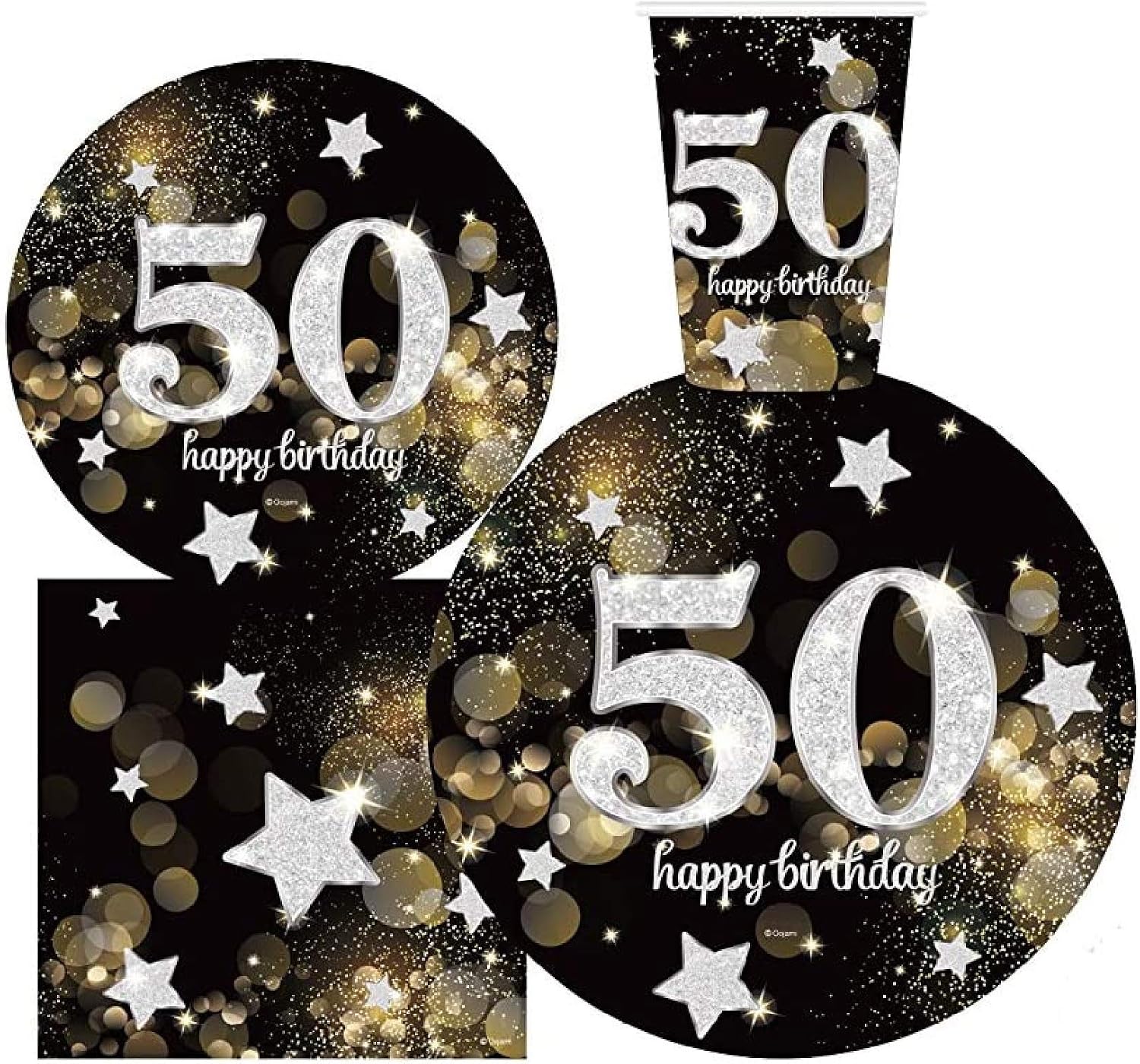Serves 30 Complete Party Pack | Happy 50th Birthday 9" Dinner Paper Plates 7" Dessert Paper Plates 12 oz Cups 3 Ply Napkins 50th Birthday Party Theme