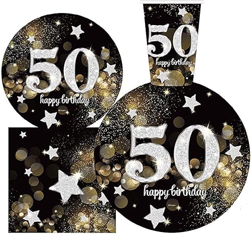 Sirve 30 paquetes completos de fiesta de feliz cumpleaños 50 de 9 pulgadas, platos de papel de postre de 7 pulgadas, tazas de 12 onzas, servilletas