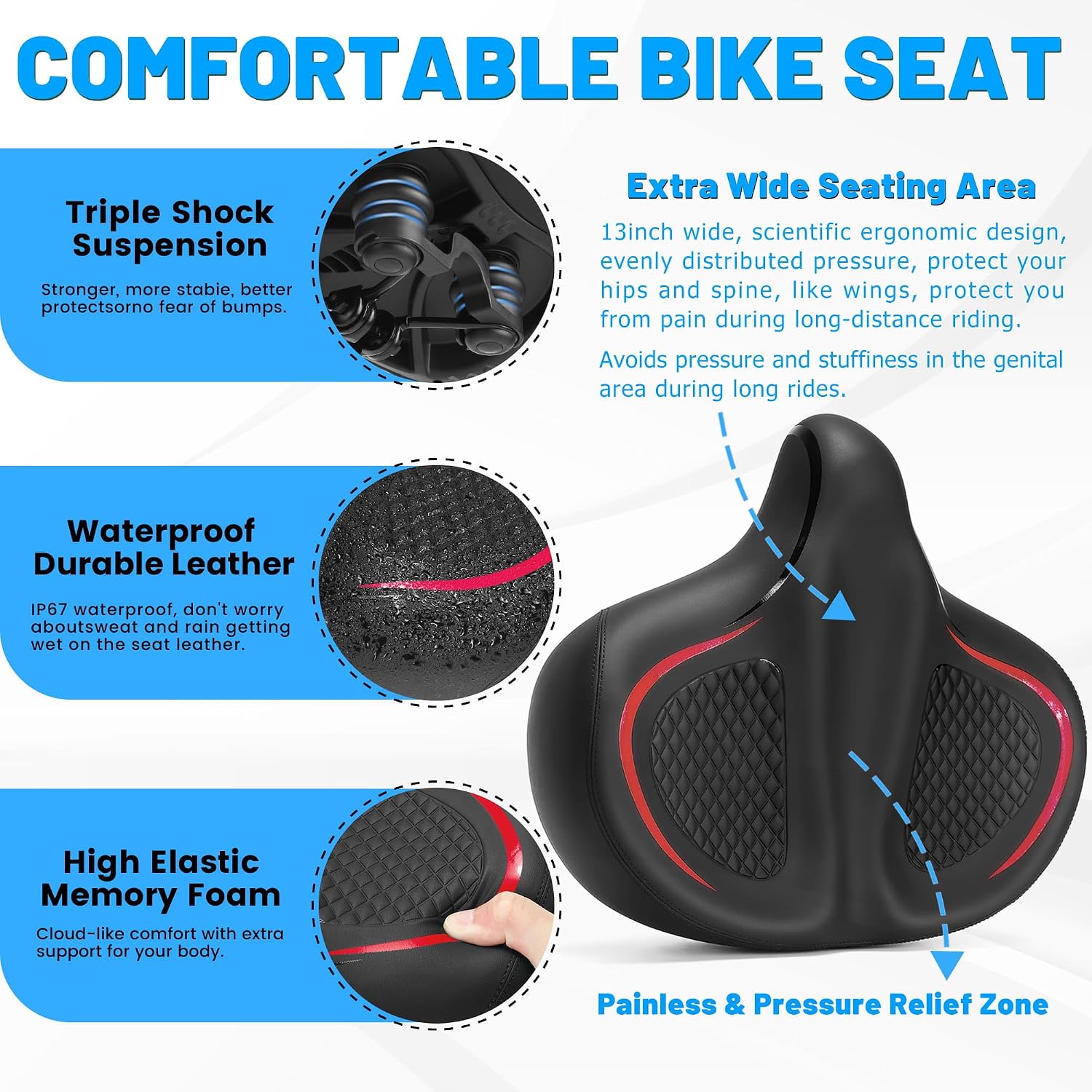 CDYWD Oversized Bike Seat for Men & Women Comfort Wide, Soft Padded Bicycle Seat, Comfortable Large Bike Saddle for Peloton, Electric Scooter, Stationary Exercise Bike, Beach Cruiser, Ebike, City Bike