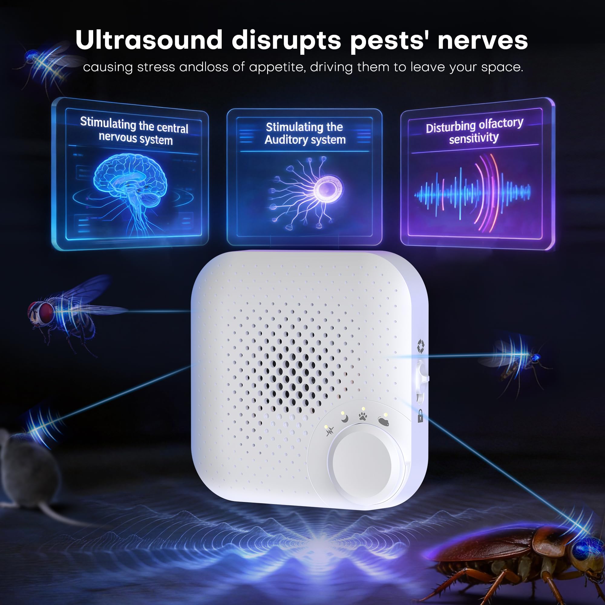 Repelente ultrasónico de plagas con 4 modos automáticos, repelente de roedores para ratones araña, ratas, mosquitos, cucarachas, hormigas, bloqueo y control silencioso plegable para el hogar, cocina